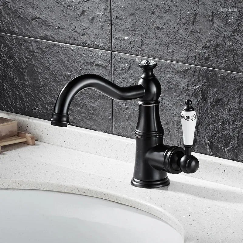 Rubinetti da cucina Rubinetto da bagno girevole antico in ottone spazzolato con diamante nero Rubinetti per lavabo monocomando in porcellana bianca blu Freddo