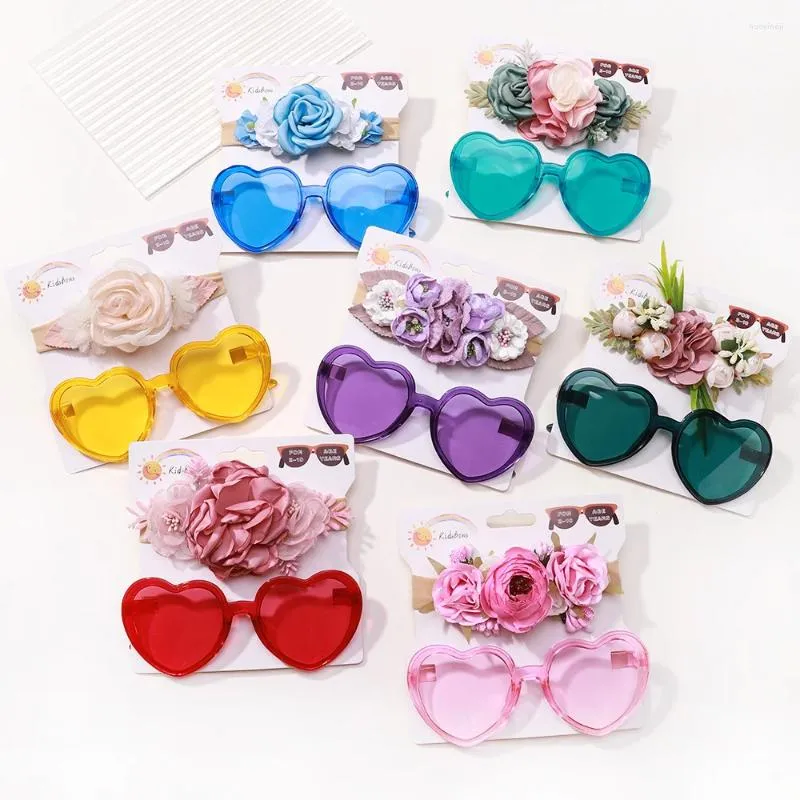 Hårtillbehör 2st/Set Vintage Artificial Flower Pannband Solglasögon Set för barn Girls Geometry Protective Glasses Headwear