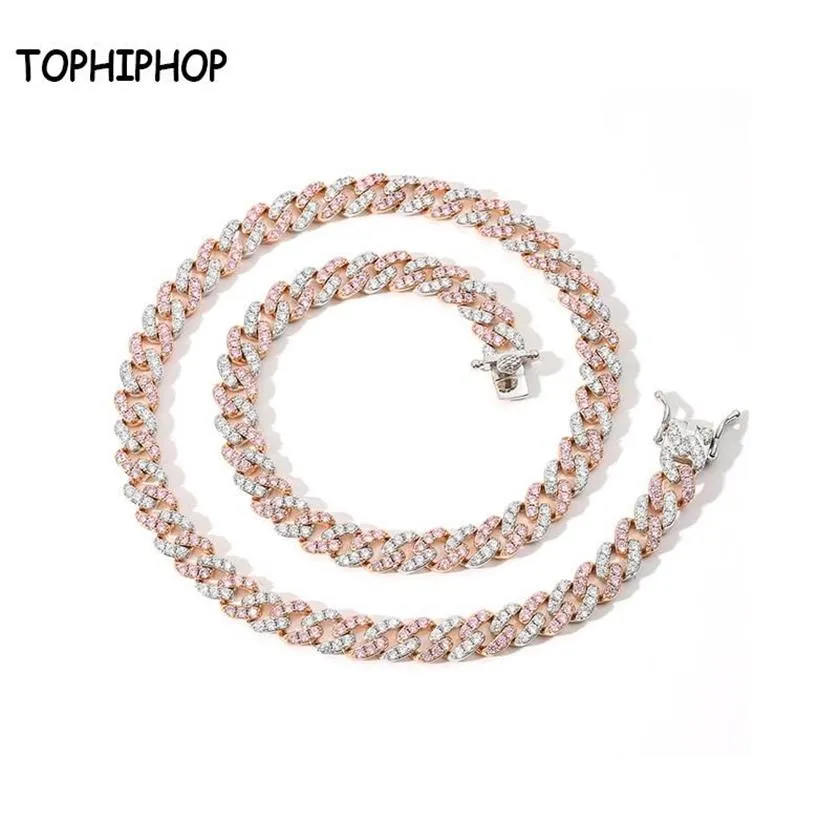 Hip Hop Necklace 9mm Single Row Pink White Zircon Cuban Chain Male And Female Hiphop Accessories Chains2601