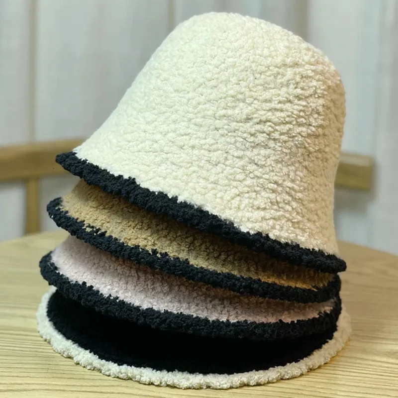 Wide Brim Hats Bucket Hats Thick Lamb Fleece Dome Panama Basin Cap For Woman Girls Winter Warm Fisherman Hat Solid Color Windproof Fluffy Fur Bucket Hats 231019