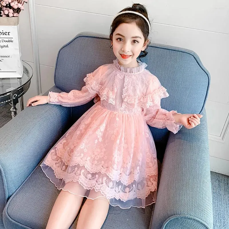 Robes de printemps en dentelle et maille pour filles, vêtements princesse Cappa Perlin pour enfants, manches longues, pompon, tenue décontracté, 2023