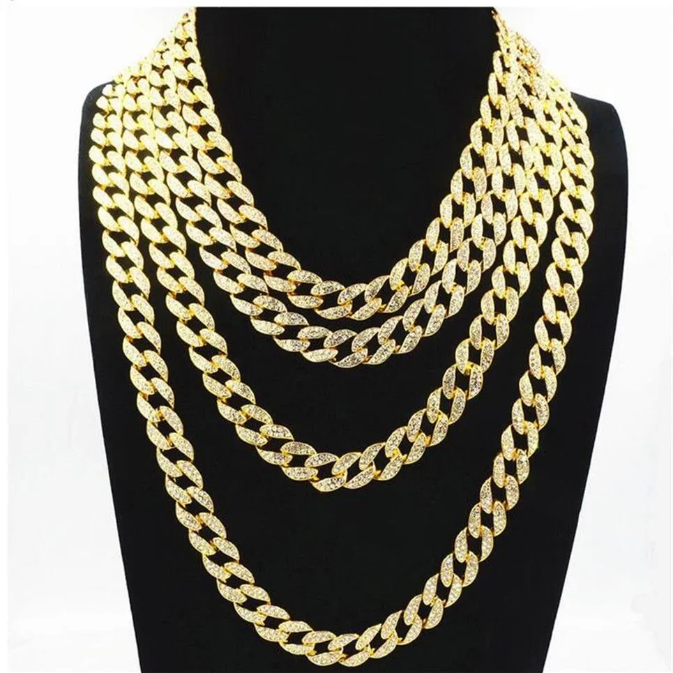 Men Women Gold Silver Miami Cuban Link Chain High Polished Hiphop Rap Rhinestone Punk Necklaces Chains 16 18 20 298I