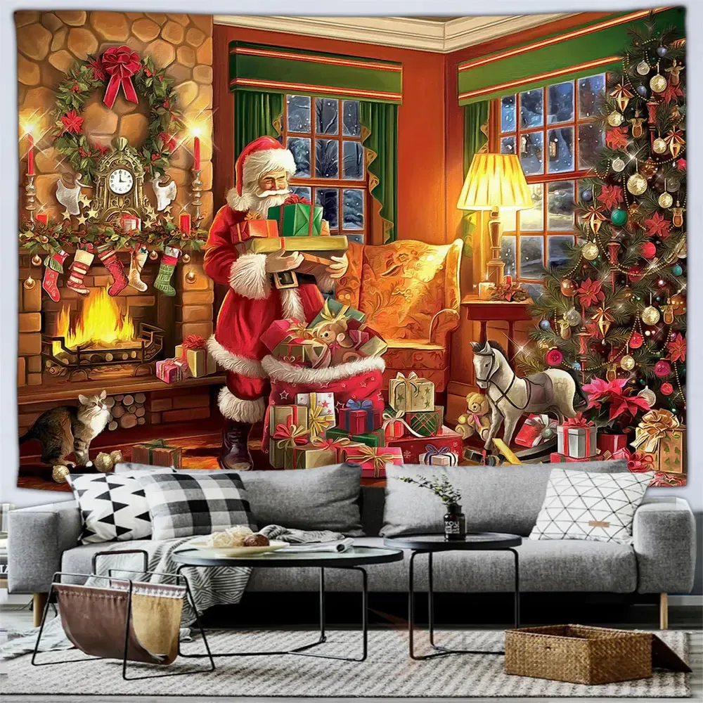 Tapestries Christmas Themed Tapestry Santa's Gifts Vintage Farmhouse Rustic Home Garden Wall Hanging Decorative Arts Living Room Mural 231018