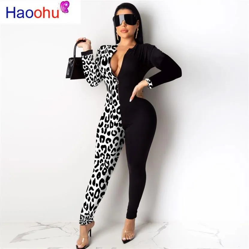 Macacões femininos macacão leopard splice manga longa bodycon macacão mulheres queda moda rumper trajes sexy uma peça out258d