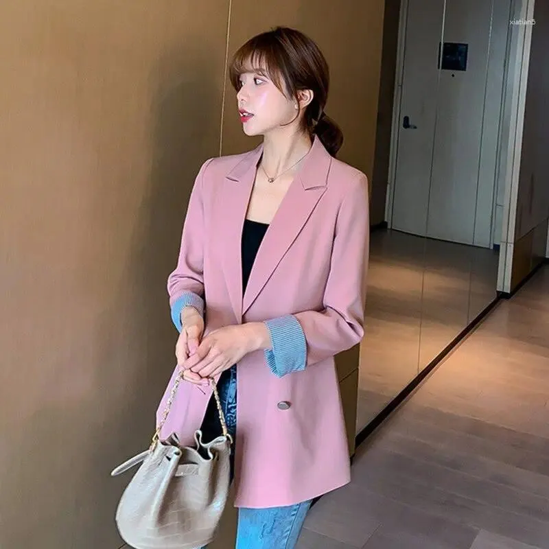 Kvinnors kostymer kvinnor blazer jacka rand partchwork hylsa dubbel bröst vår höst mode casual elegant lös svart beige rosa blå