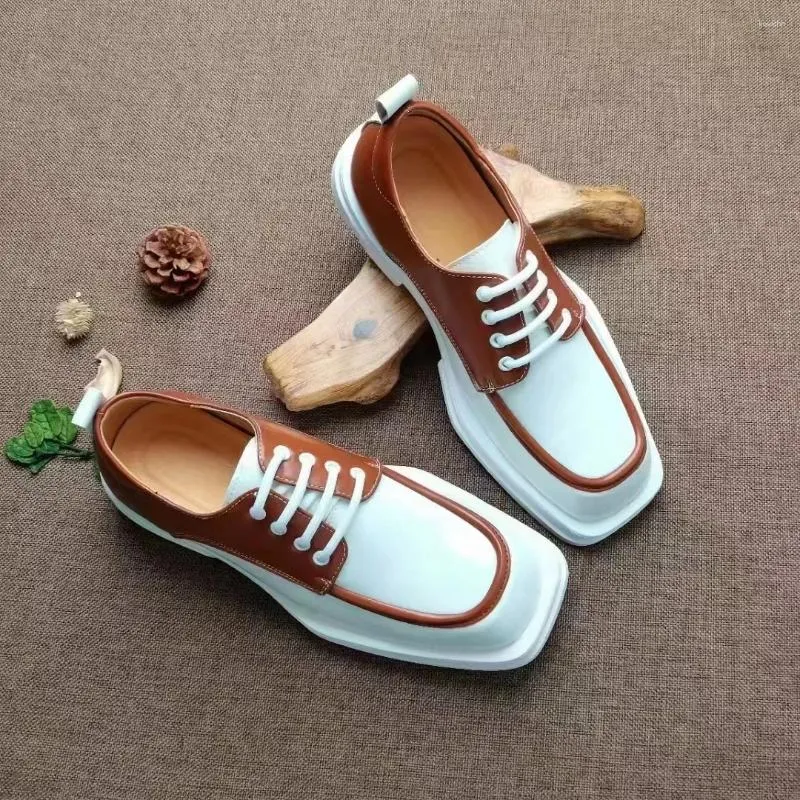 Kledingschoenen Topkwaliteit Mode Wit met Bruin Heren Lederen Vierkante Neus Formeel Elegant Luxe Pak Man Casual Kantoorloafers