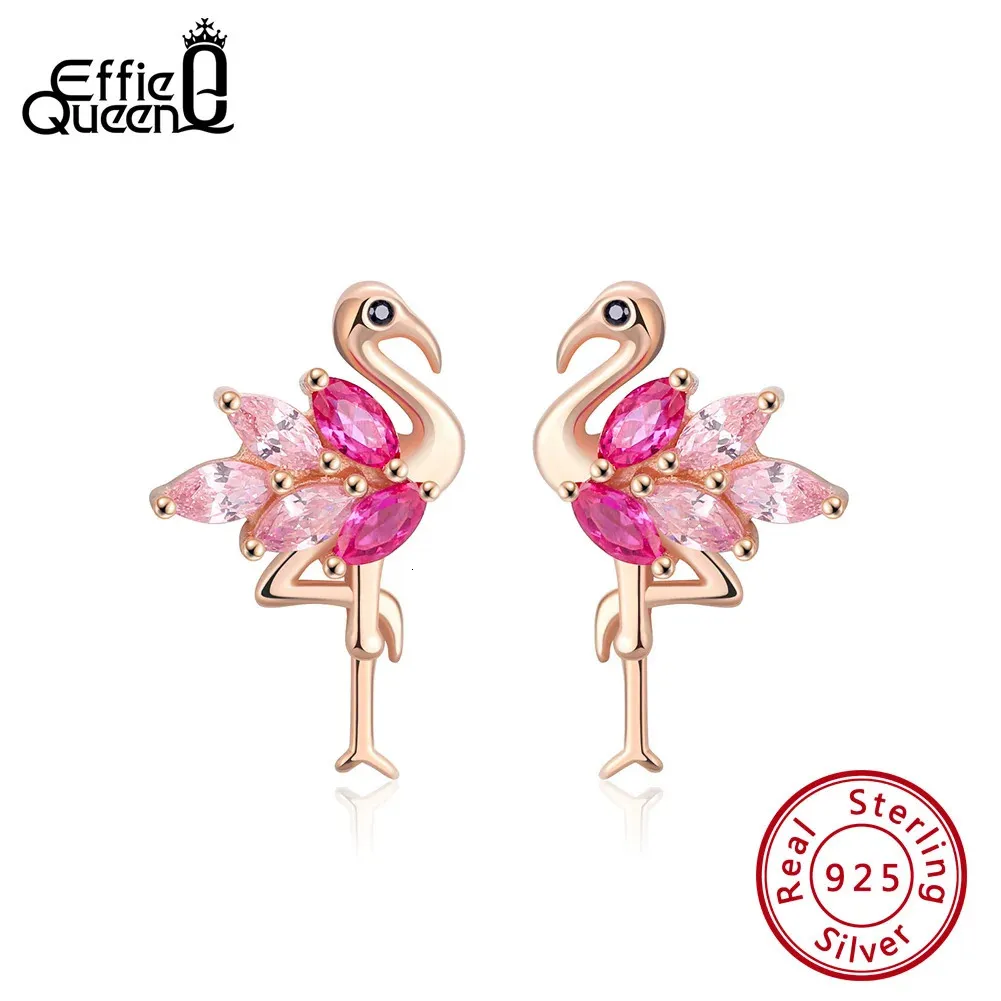 Stud Effie Queen 925 Sterling Silverörhängen Kvinnor Flamingo Bird Stud Earring Small 4A Zircon Rose Gold Color Silver smycken BE164 231018
