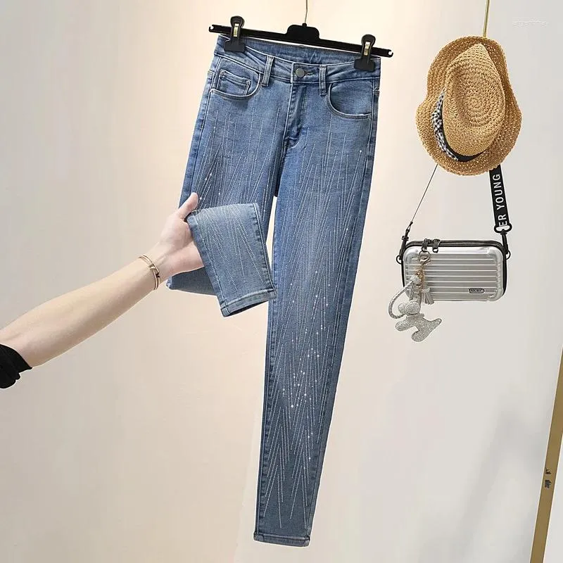 Frauen Jeans Vertikale Linien Strass Frau Hohe Taille Bleistift Hosen Mujer Knöchel Länge Denim Mode Streifen Herbst