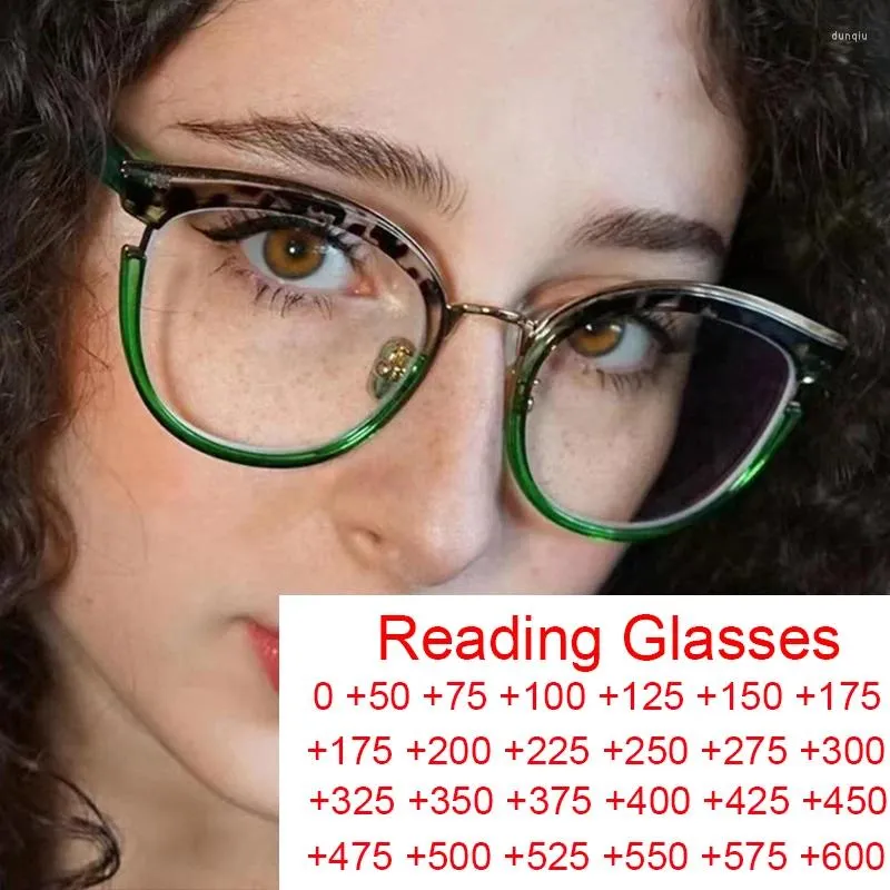 Solglasögon Retro anti Blue Light Reading Glasses Women Round Fashion Presbyopia Eyewear Leopard Green Frame Computer Recept