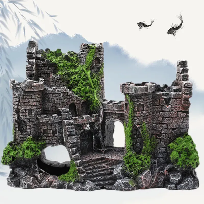 Decorations 1PC Resin Fish Decor Tank Ancient Castle Decoration Aquarium Cave Building Decoration Landscaping Ornaments Aquarium Accessories 231019