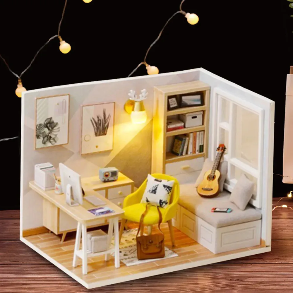 Poppenhuisaccessoires Poppenhuis 3D Houten Miniaturas Poppenhuisspeelgoed DIY Hut Studeerkamer Speelgoedset Prinses Poppenhuis voor verjaardagscadeautjes Decor 231018