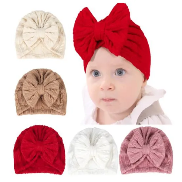 Grote Boog Zachte Babymuts Baby Meisjes Jongens Tulband Hoed Pasgeboren Baby Cap Gebreide Mutsen Peuter Headwraps Kinderen Hoofddeksels GC2400