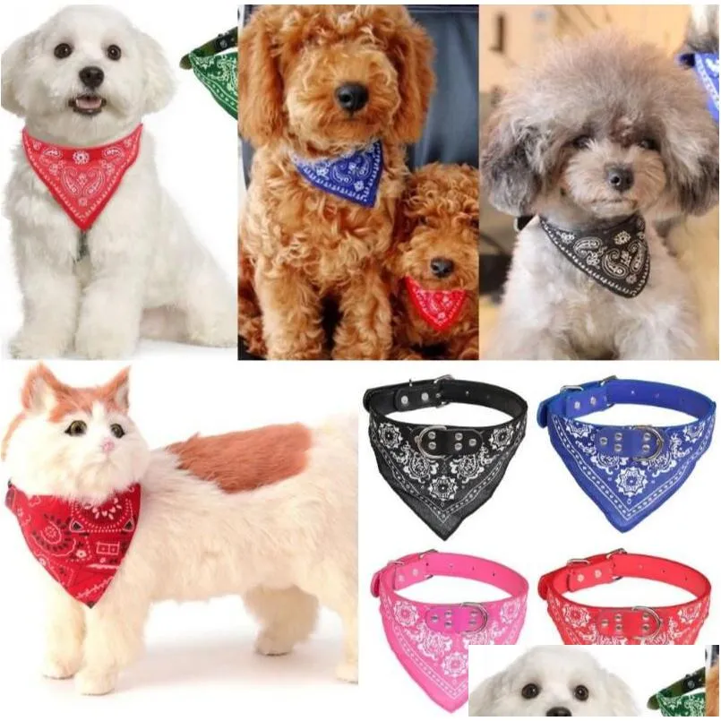 Cão vestuário triângulo saliva toalha cachorrinho guardanapo pescoço cachecol bandana com colar de couro lenço ajustável gato 5 tamanhos eea333 gota dhjjq