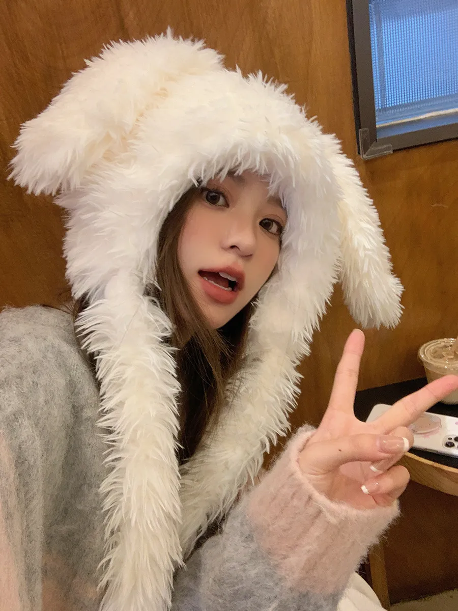 Sweet and Cute Long Rabbit Ears Hat Furry Caps Female Autumn and Winter Thick Warm Lei Feng Hat Funny Cartoon AA