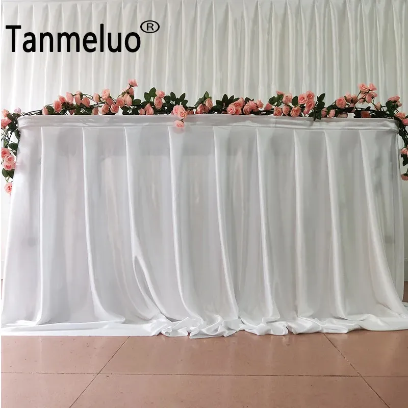 Falda de mesa H80xL300 CM Faldas de mesa plisadas blancas Cubierta de mantel de seda de hielo de satén suave y grueso Zócalo de mesa de escenario de boda para fiesta de eventos 231019
