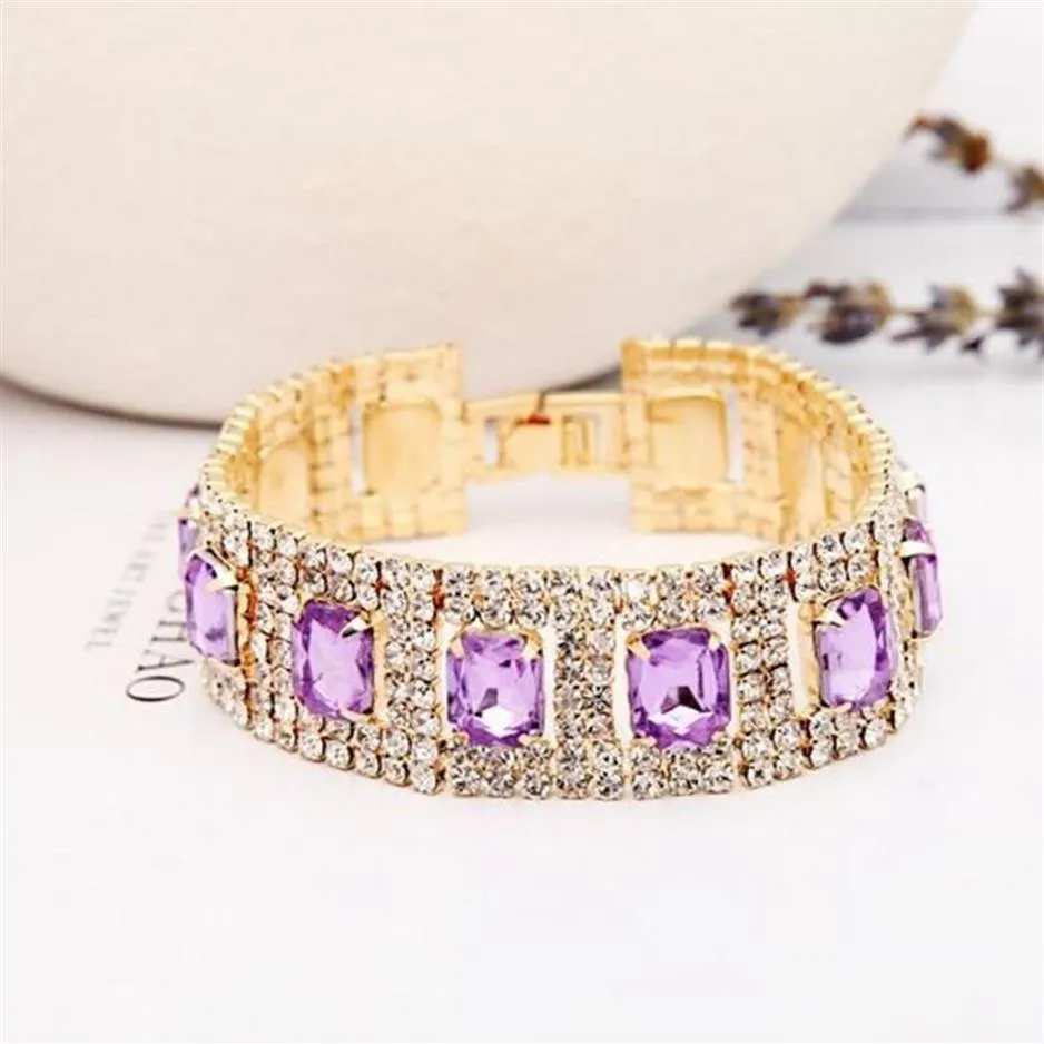 Łańcuchowe łańcuch złoty kolor Bracelet dla kobiet Crystal Rhinestone Tennis Link Banles Wedding Bridal Jewelry B021268E
