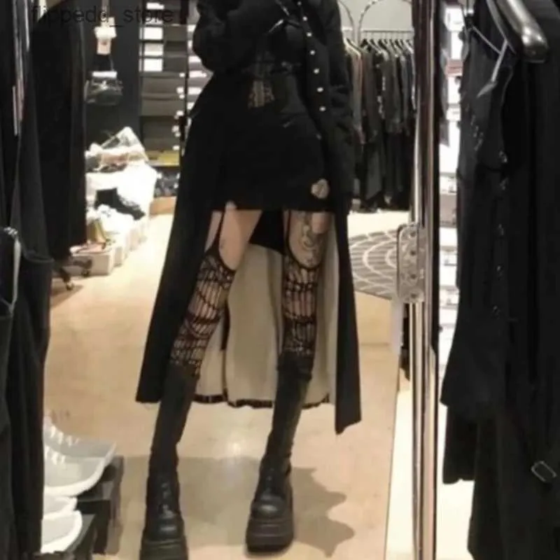 Sexiga strumpor kvinnor goth punk sexig fisknät strumpbyxor underkläder ihåliga ut randiga jacquard rena mesh tights harajuku suspender lår höga bälte q231019