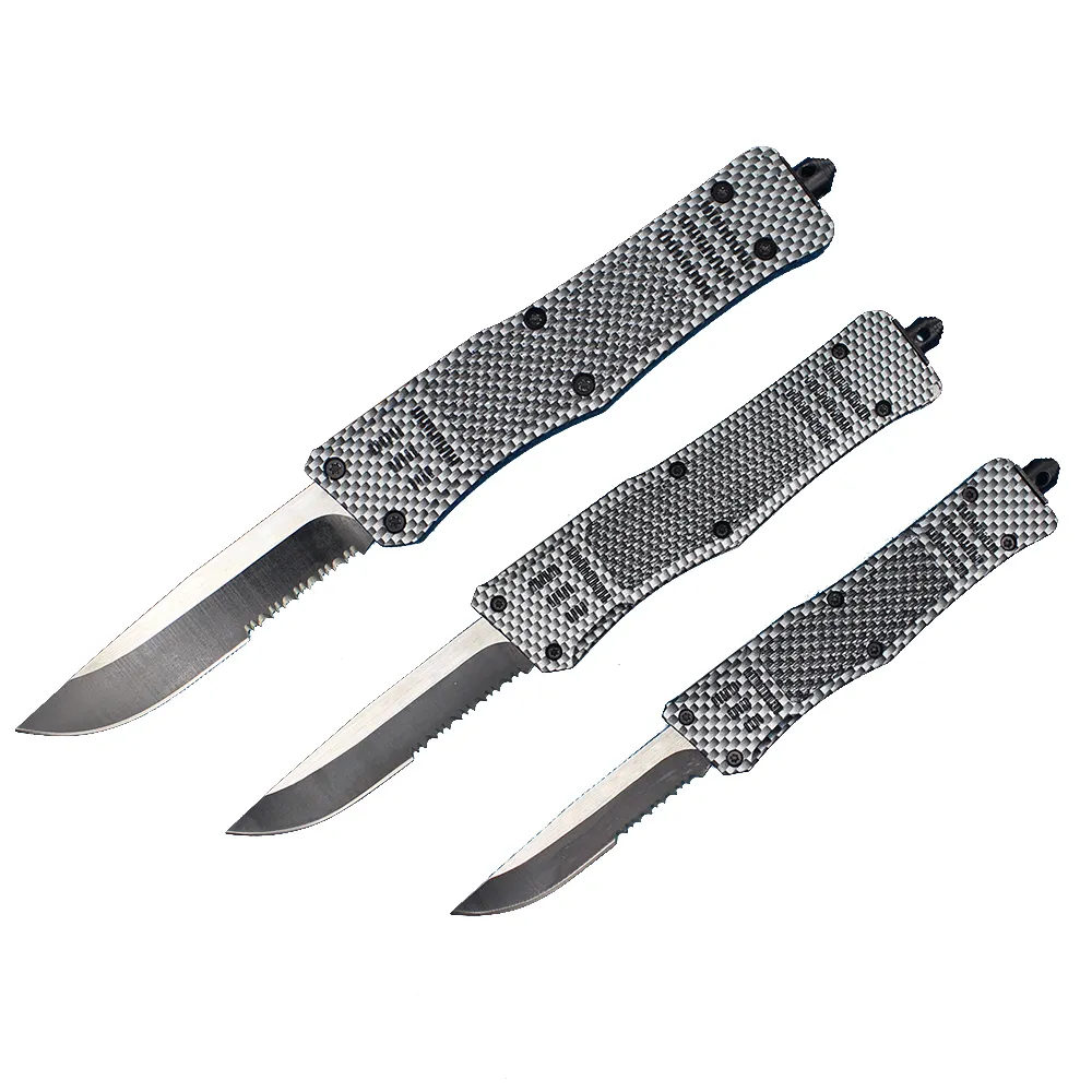 616 Couteau tactique automatique 440 Single Edge Half Serration Drop Point Blade Fibre de carbone Zinc Poignée en alliage d'aluminium Couteaux de poche de survie avec sac en nylon