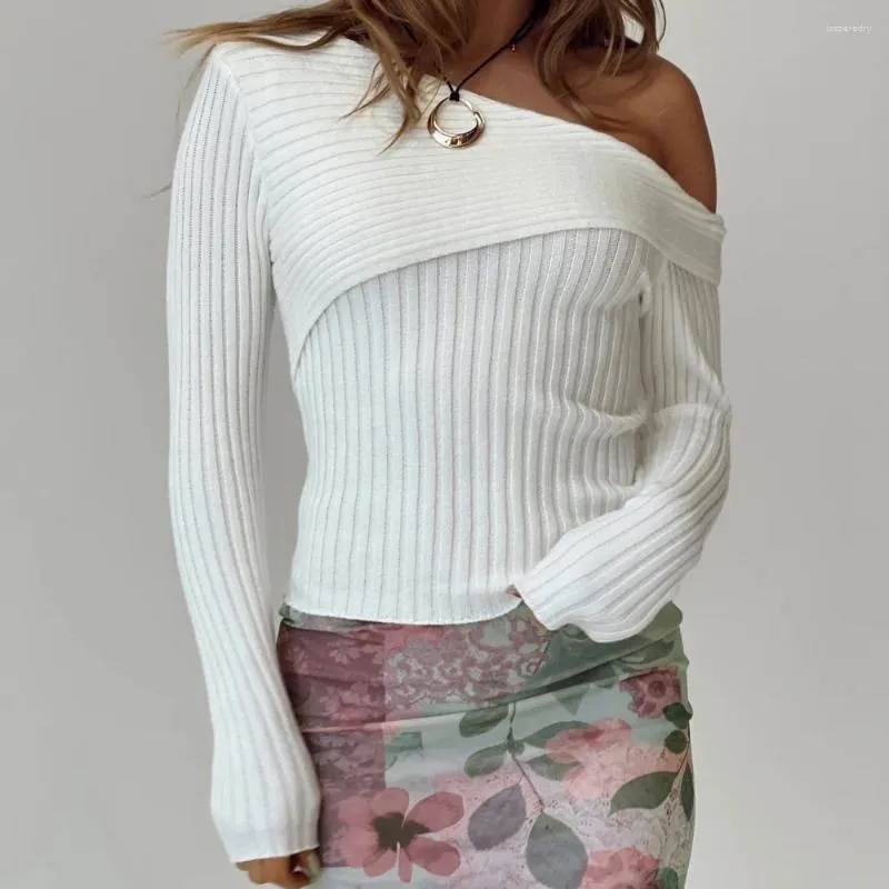 Women's Sweaters Casual Slash Neck Knitted Sweater For Women Autumn Off Shoulder Slim Romantic Top Bottoming Solid Color Female