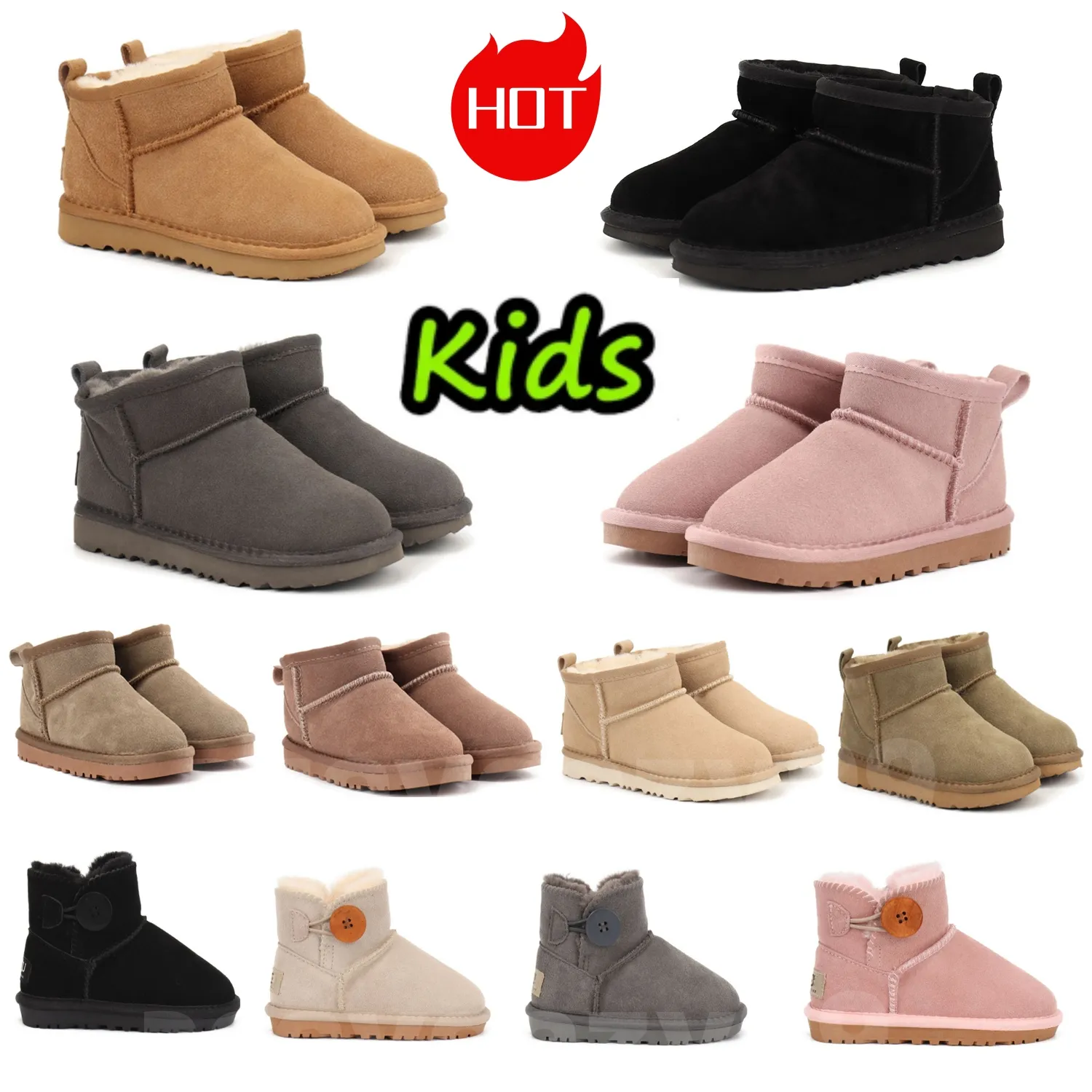 Top ugglie Stivali da neve per bambini Designer Australia Baby Ultra Mini Boot Ragazzi Ragazze Inverno Bambino Pelliccia scamosciata Pelle di vacchetta Pile Scarpe di cotone Pluse Stivaletti con bottoni caldi