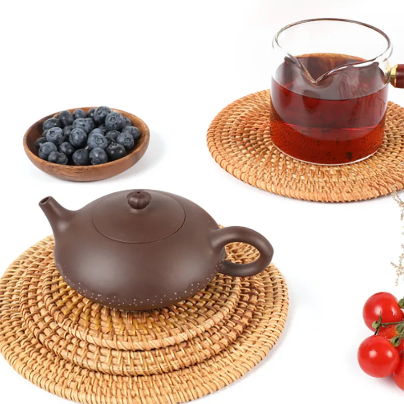 Natural Hand-woven Round Placemat Anti-slip Dining Table Mat Bowl Pads Drink Cup Holder Kitchen Decoration Accessories