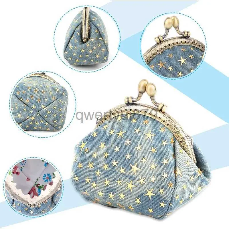 Bolsas Carteira para Bolsa de Cinco Pontas Denim Mudança Carteiras com Suporte Kisslock Bolsasqwertyui879