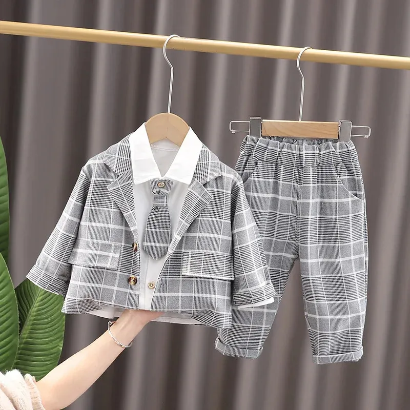 Clothing Sets Spring baby clothes 2022 new boys' Plaid tie gentleman suit 0-4 years old children's handsome host formal dress 231019