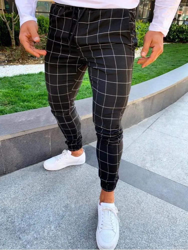 Pantalons pour hommes Casual À Carreaux Imprimé Élastique Cargo Leggings Hommes Streetwear Taille Crayon