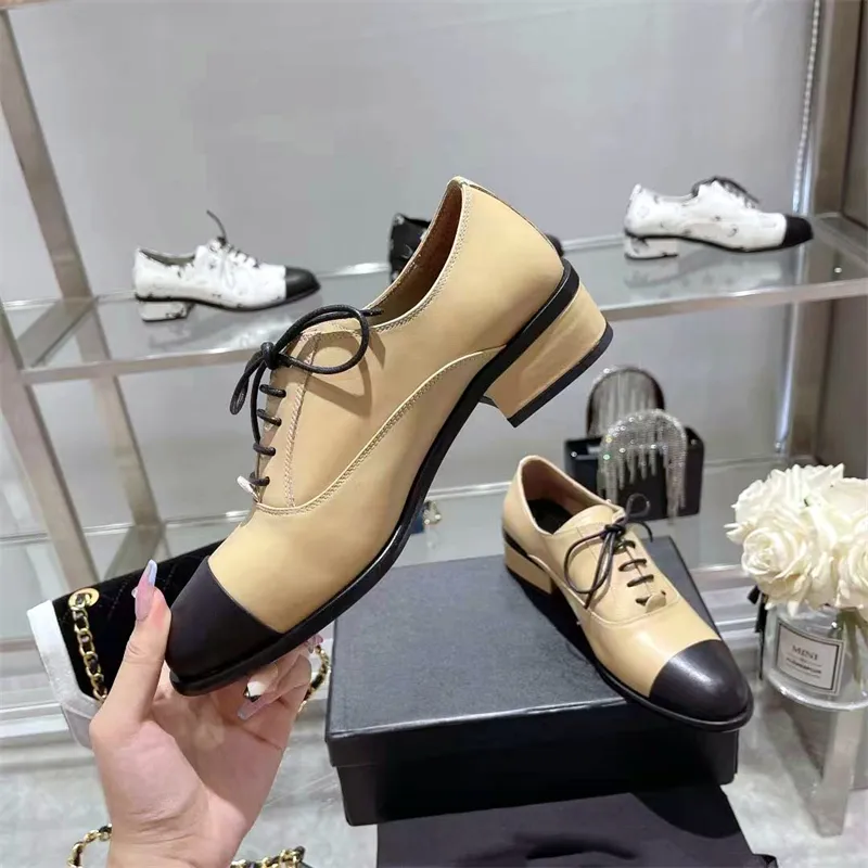 Fashion leather Women`s Loafers Luxury Designer lace-up Color Matching Dress Shoes High Quality Low Heel Brogues Women`s designer leather Shoes Working LACES Box