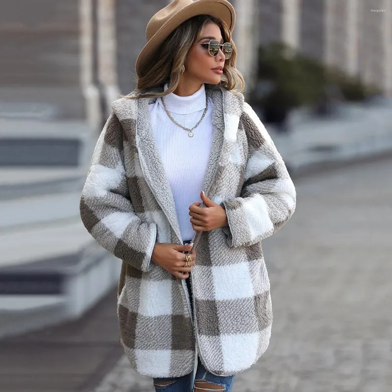 Women's Jackets Autumn Winter Plaid Coat Women Plush Teddy Hooded Female Furry Bear Bubble Pile Buttonless