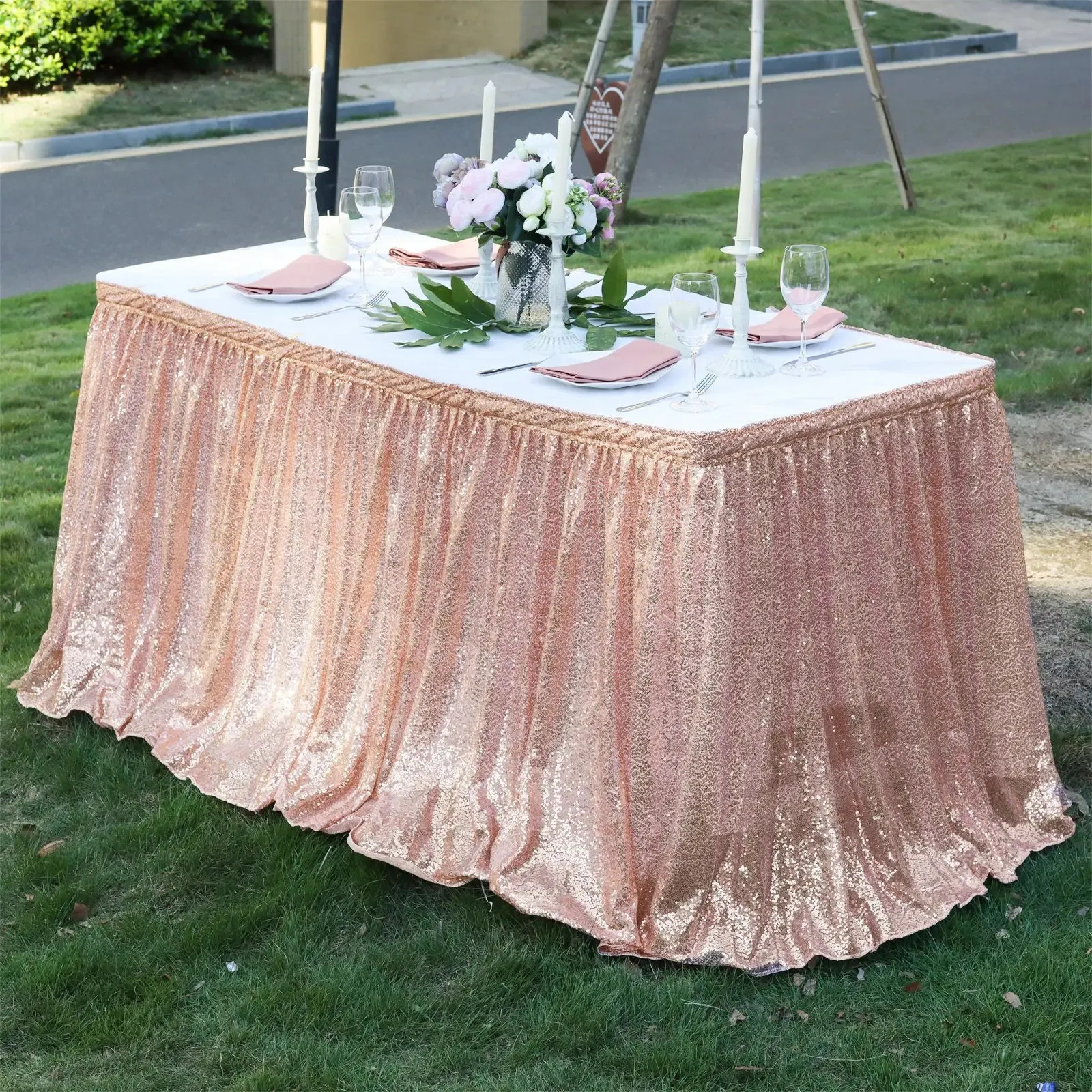 Bord kjol 4/6/9/14ft rosguld paljettbord kjol för rund/rektangel/fyrkantig bord för födelsedagsfest bröllop jul 231019