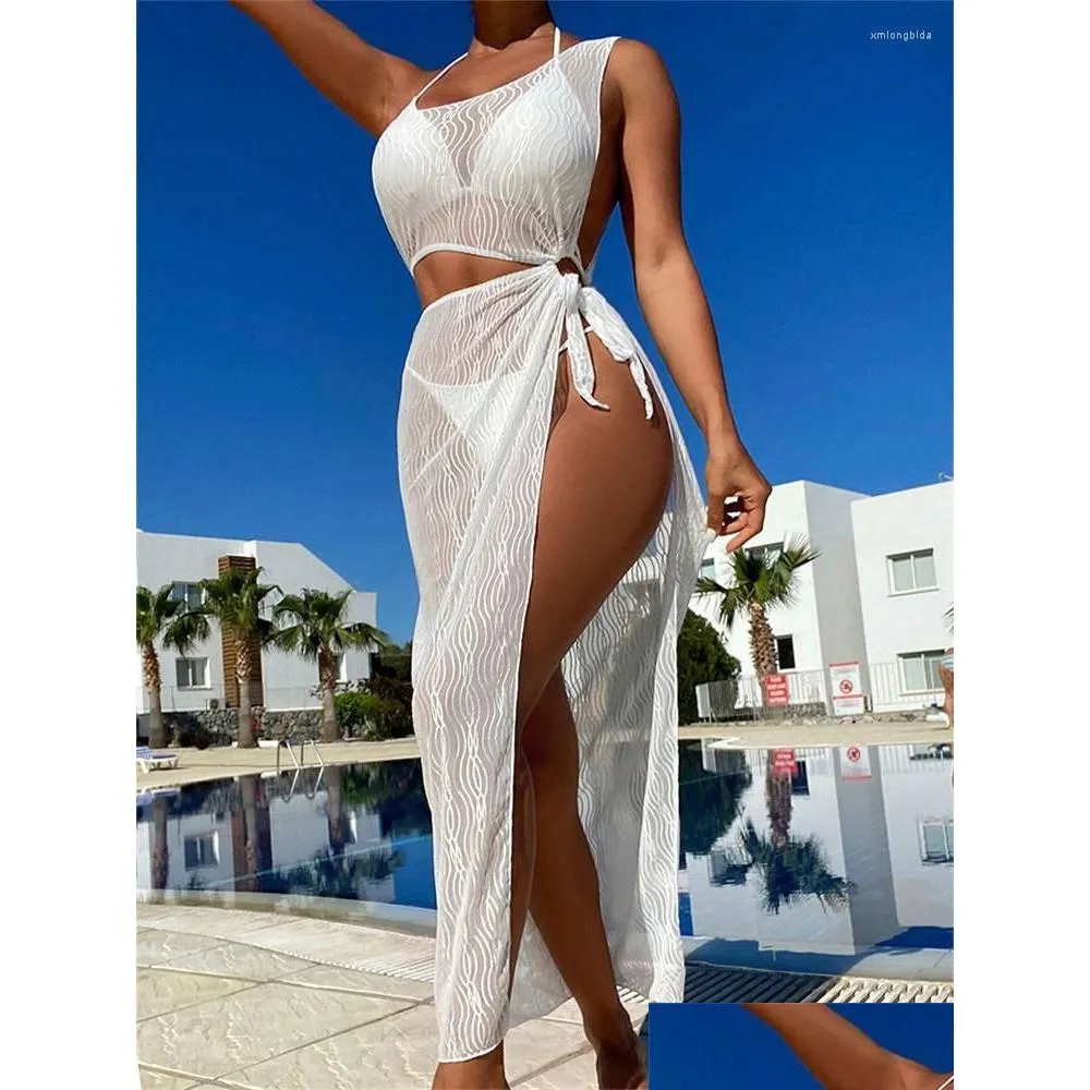 Damen Bademode Sexy Cut Out Mesh Badeanzug Er Up Pareo Tunika 2023 Sommer Solid White Beach Split Maxi Kleid Bikini Er-Ups Frauen Drop DH7P4