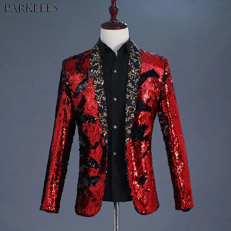 Men's Suits Blazers Shiny Red Sequin Shawl Collar Tuxedo Suit Blazer Men Wedding Groom Singer Prom Glitter Suit Jacket DJ Club Stage Blazer Hombre 231018