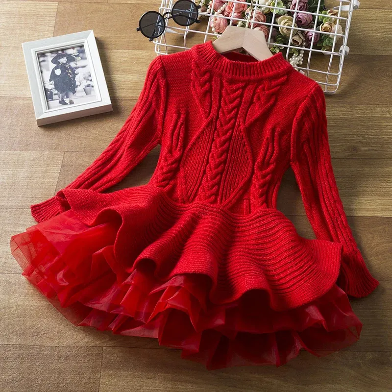 Sukienki dla dziewczynki Dziewczyny z długim rękawem sukienka zimowa przez 3 8 lat 2023 Knity Sweter Stroje Czerwony Boże Narodzenie Kostium dla dzieci 231019