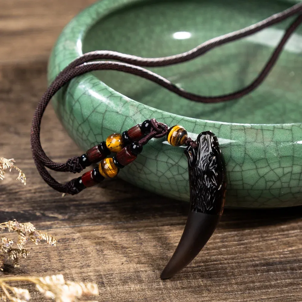 Colliers avec pendentif en forme de dent de loup en obsidienne naturelle, colliers porte-bonheur en corde perlée, amulettes en obsidienne noire, bijoux
