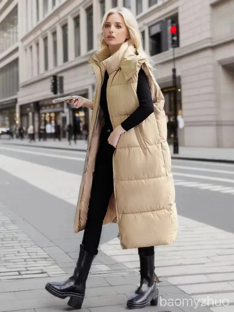 DHgate Women s Vests 2023 Winter Long Hooded Puffer Vest Women Over Knee Length Loose Plus Size Snow Jacket Pocket Sleeveless Coat Outerwear 231018 Apparel