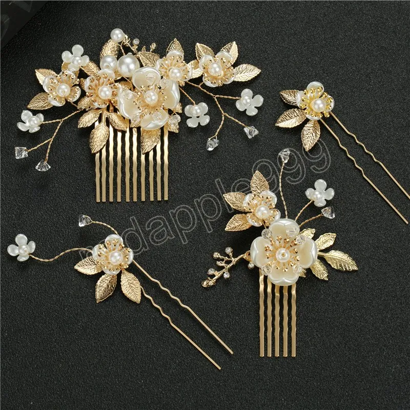 Peigne à cheveux doré, épingle à cheveux en perles florales, accessoires de cheveux de mariage pour femmes, pinces à cheveux en forme de U, diadèmes de mariée à la mode, bijoux de cheveux