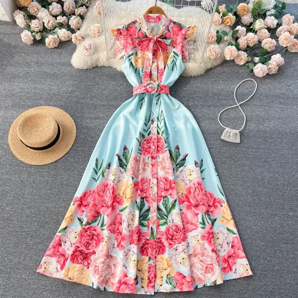 2023 Robes décontractées Summer Runway Fashion Volants Sans manches Floral Imprimer Maxi Robe Femmes Bow Cou Volant Manches Simple Boutonnage 305A