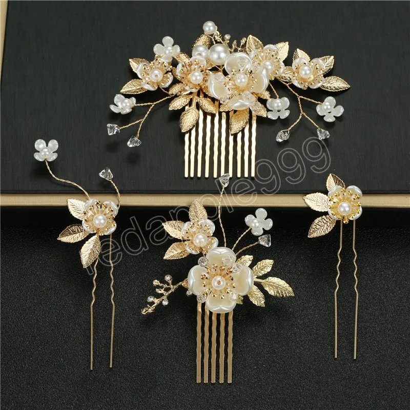 Peigne à cheveux doré, épingle à cheveux en perles florales, accessoires de cheveux de mariage pour femmes, pinces à cheveux en forme de U, diadèmes de mariée à la mode, bijoux de cheveux