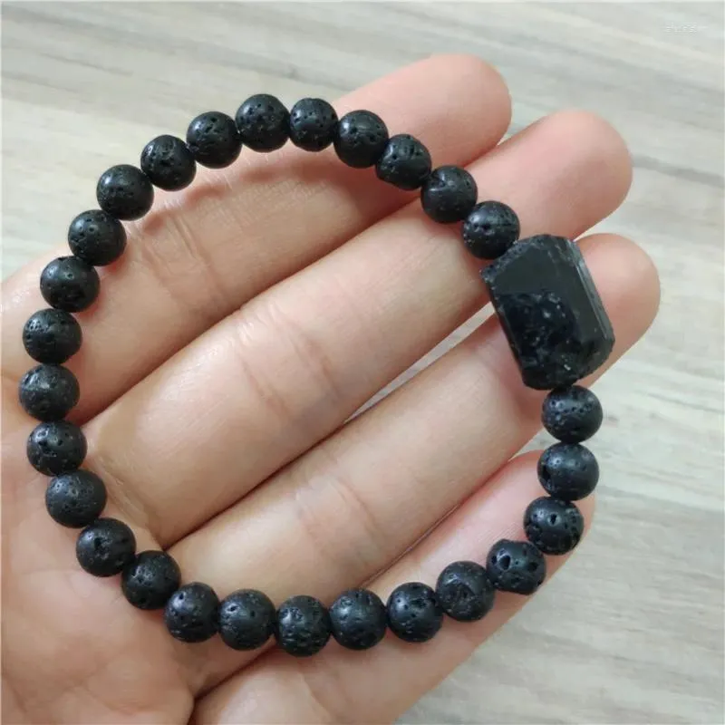 Strand 1 pçs profuct lava rock contas de pedra natural preto cru áspero turmalina mineral energia cura grânulo feminino masculino pulseira