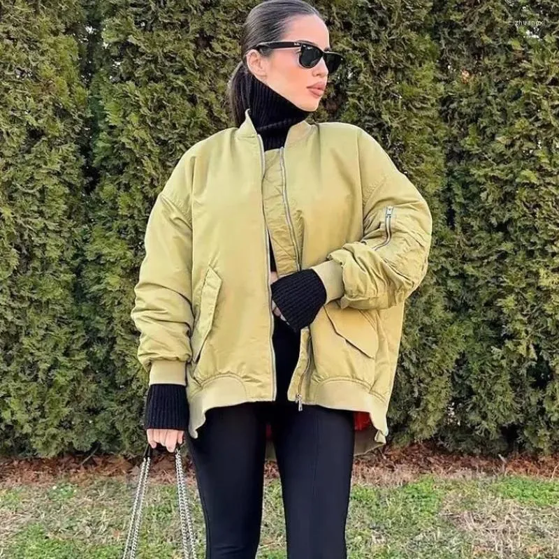 Jaquetas femininas moda bomber mulheres 2023 sólido longo solto gola casacos com bolsos feminino legal streetwear