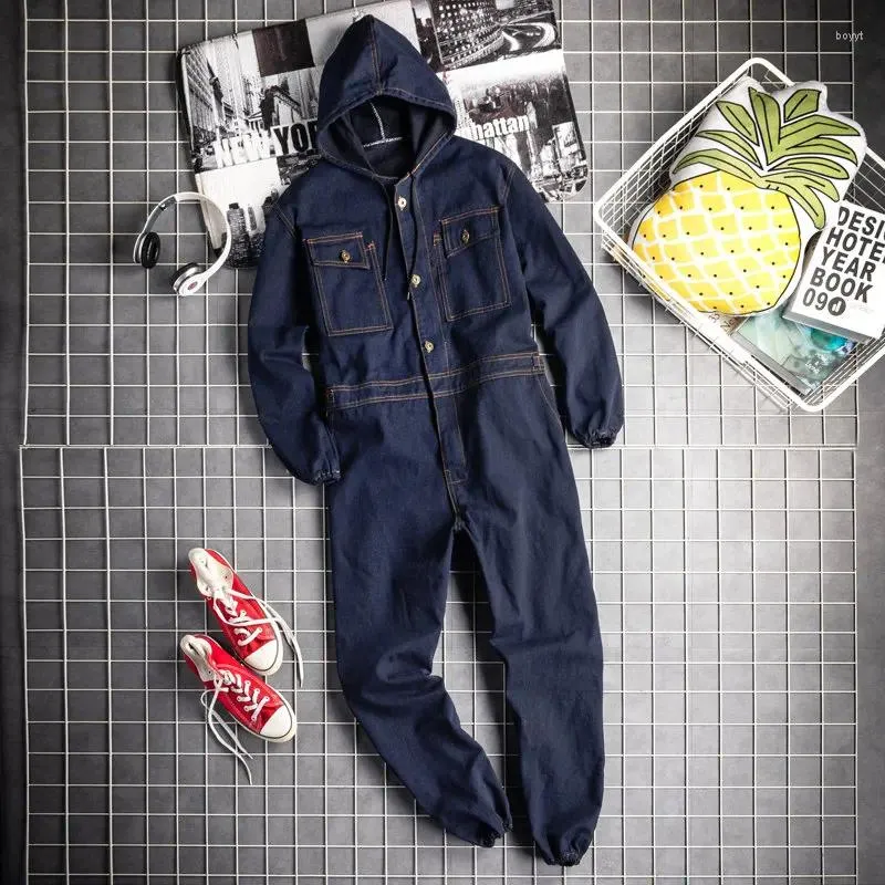 Men's Jeans Male Hooded Jacket And Pants Long Sleeve Denim Overalls Mens Cargo Jump Suits Men Retro One Piece Jumpsuit