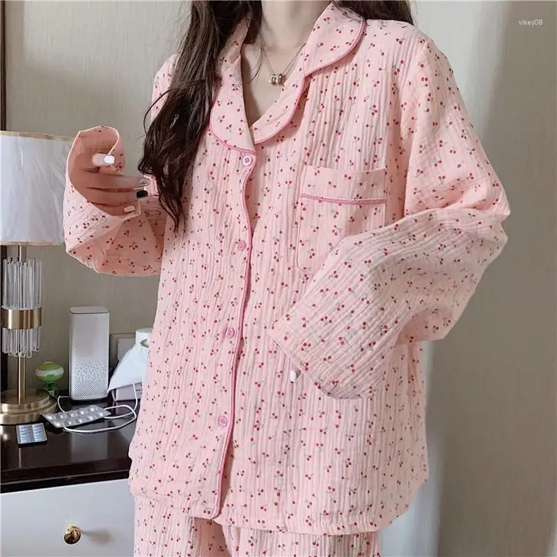 Kadın pijama kiraz baskısı kadın pijama takım elbise moda dantel sonbahar uzun kollu 2 adet