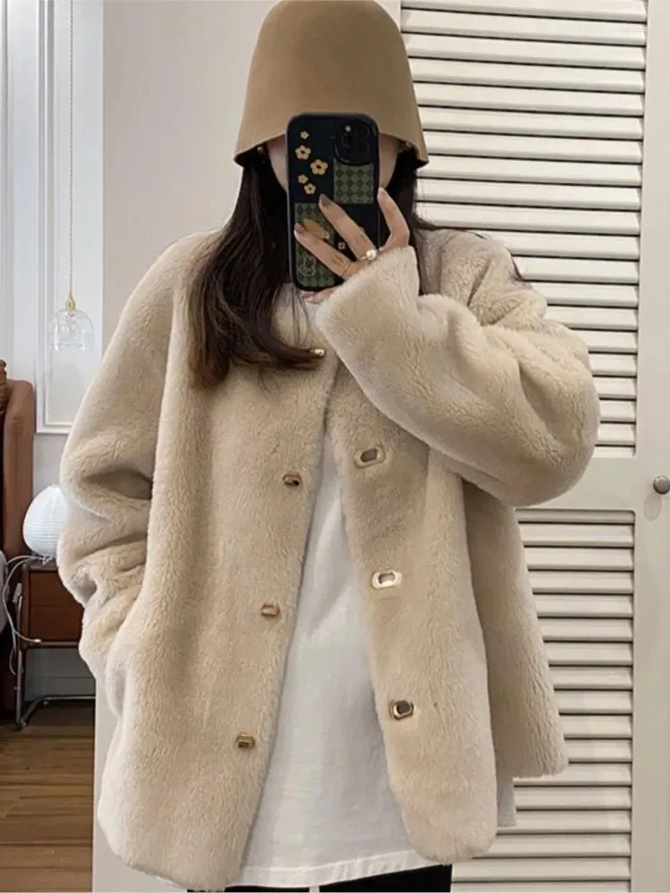 Pelliccia da donna invernale in lana di agnello cappotti con scollo a maniche lunghe monopetto giacche corte 2023 moda femminile caldo cappotto in finto spessore