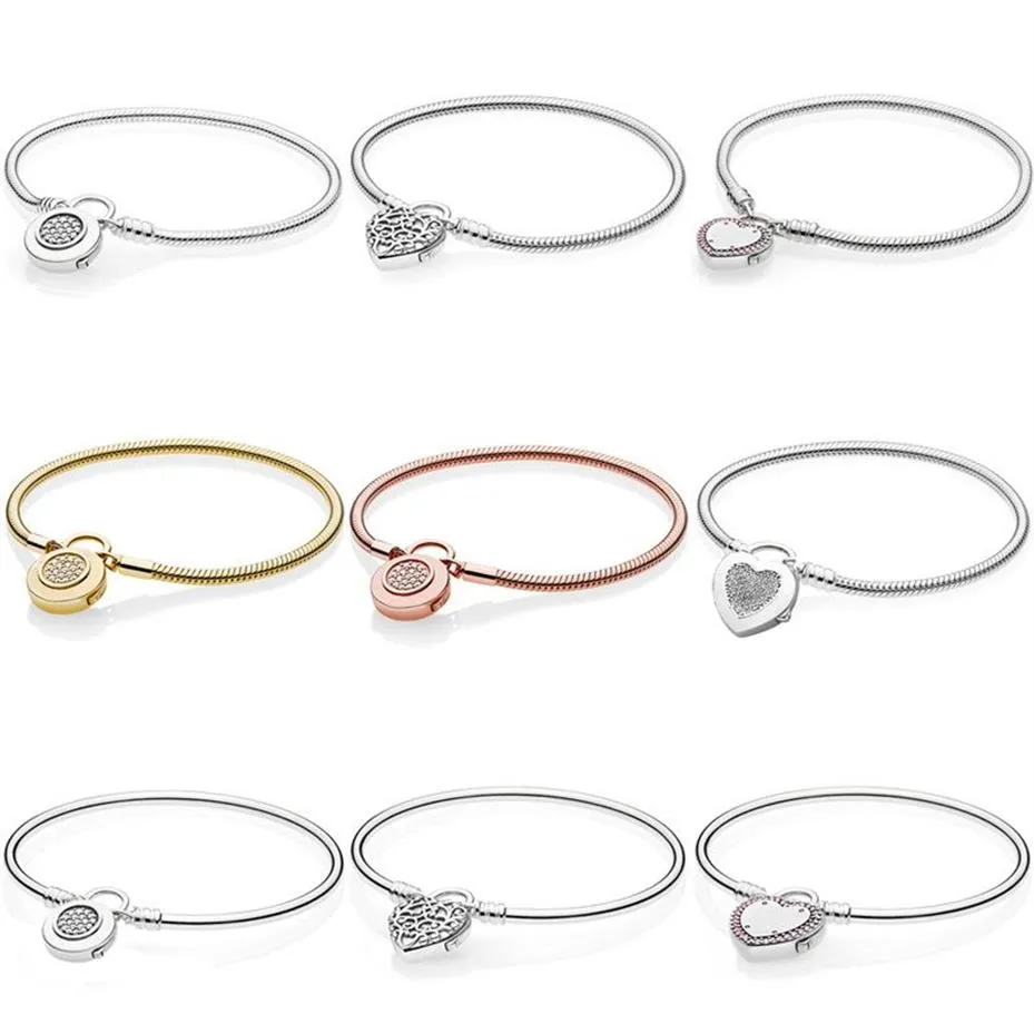 Moments Lock Your Promise Regal Heart Signature Padlock Bracelet Fit Fashion 925 Sterling Silver Bangle Bange Charm Diy Jewelry2484