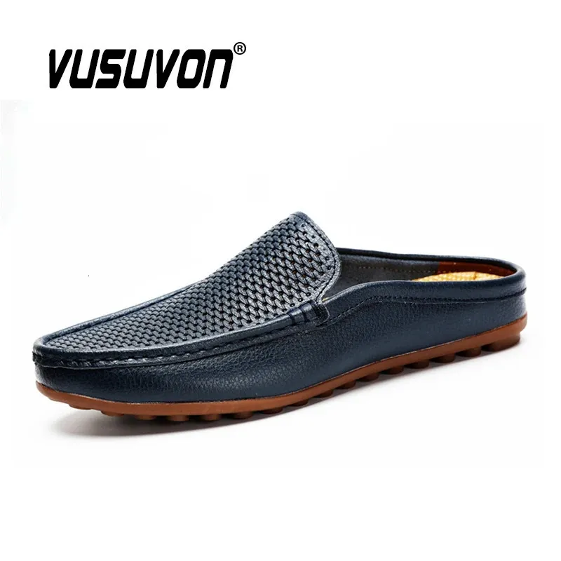 Geklede Schoenen Italiaanse Mannen Luxe Lederen Loafers Mocassins Zwart Zacht Outdoor Rijden Platte Antislip Mode Slippers Zomer 231019