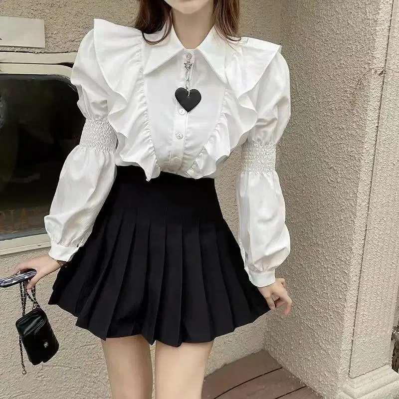 Women's Blouses Blusas Mujer De Moda 2023 Ruffled White Shirt Women Spring Casual Blouse Bow Shirts Lapel Pleated Loose Tops Chic