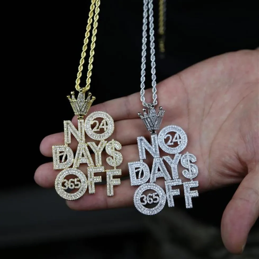 Łańcuchy mrożone Bling CZ Letters Wisiant Naszyjnik Brak dni wolnych od utwardzonego sześciennego cyrkonu Koronę Kształt Modny Hip Hop Jewelry 281B