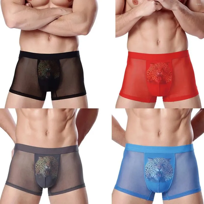 Underpants Men's Mesh Sheer Boxer Panties Ice Silk Soft Sexy Print Underwear Male Breathable Boxers See-Through Tanga Hombre