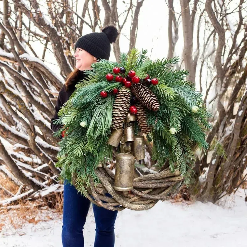 Couronnes de fleurs décoratives Noël pomme de pin cloche rotin couronne campagne porte cintre tenture murale décor fenêtre décoration Simulation guirlande 231019